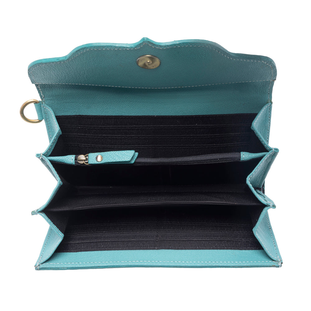 Myra Sunfire Valley Handtooled Hairon Leather Women’s Wallet in Turquoise Pearl
