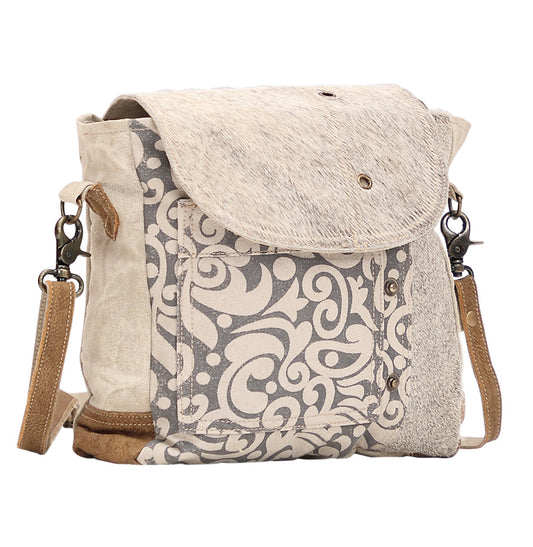 Myra Factual Hairon Leather Messenger Bag – Swirl Canvas, White Hairon Flap, Rustic Straps for Everyday Western Style