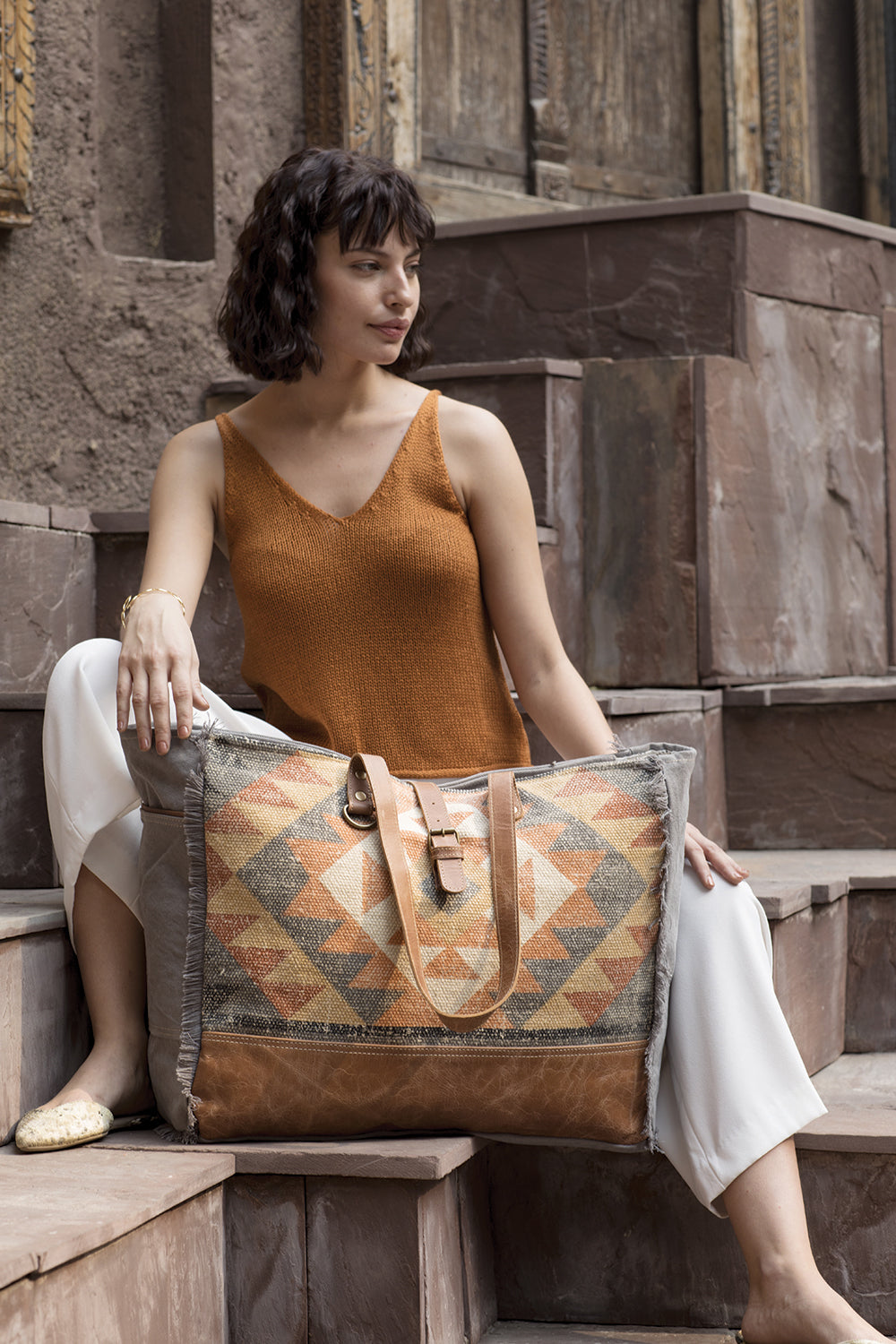 Myra Cosmopolitan Weekender Tote Bag – Fringed Edges, Aztec Print Design with Buckle Flap Closure for Travel