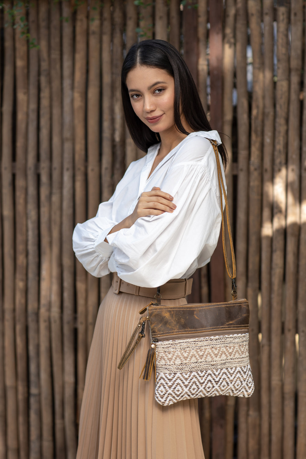Myra Contentent Aztec Sling Bag for Women – Patterned Canvas, Brown Leather Trim, Crossbody for Everyday Western Look