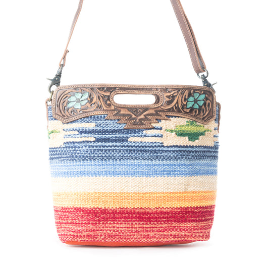 Myra Azure Petals Woven Crossbody Bag with Handtooled Leather – Multicolor Embroidery, Adjustable Strap & Cutout Handle