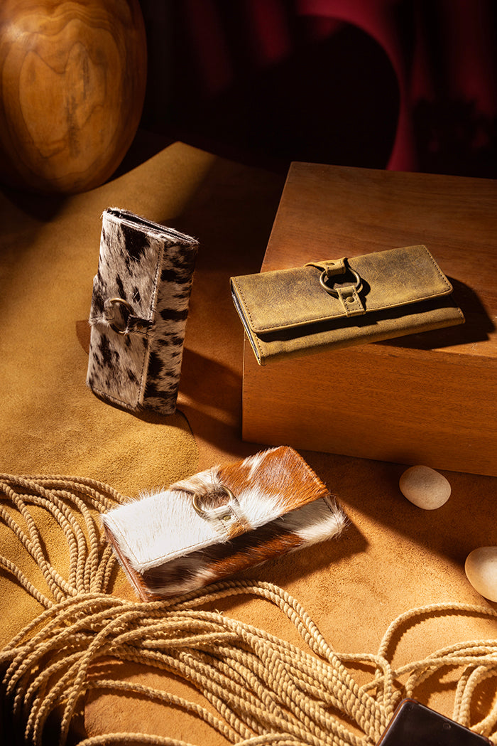 Myra Prairie Loop Hairon Leather Wallet for Women with Trifold Design, Brass Ring Closure, Western Cowhide Finish