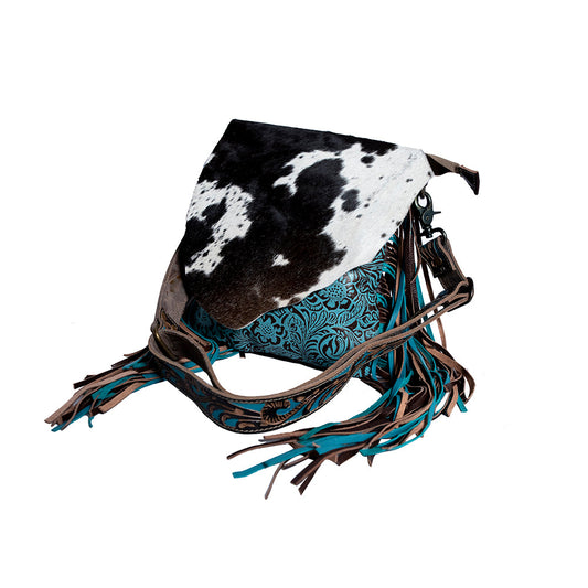 Myra Cobal Blue Concealed Carry Bag – Hair-On Leather Crossbody with Embossed Turquoise Panel and Fringe Detailing