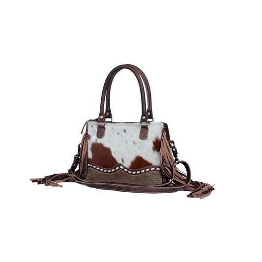 Myra Brown Freckles Concealed Carry Bag – Hairon Leather with Fringe Detail and Tooled Trim, Dual Carry Western Tote