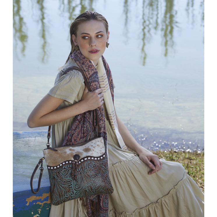Myra Blue Isle Embossed Leather Crossbody Bag for Women – Small Size Western Sling with Hairon Accents