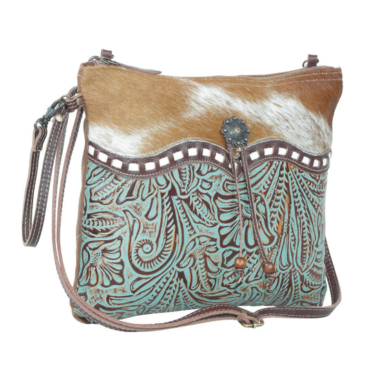 Myra Blue Isle Embossed Leather Crossbody Bag for Women – Small Size Western Sling with Hairon Accents