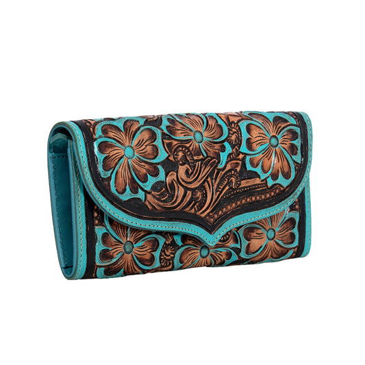 Myra Flower Crest Tooled Leather Wallet – Floral Embossed with Turquoise Accents