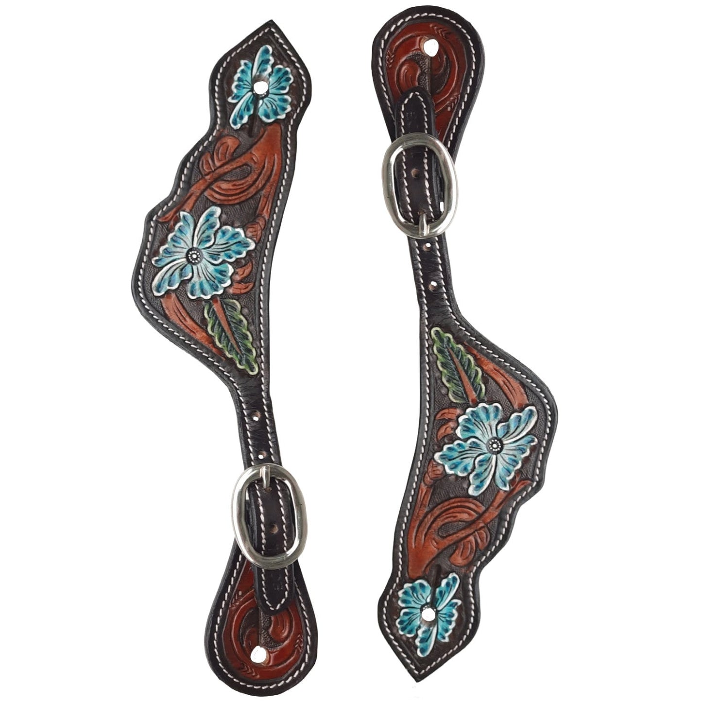 Tahoe Hand Tooled Turquoise Floral and Leaf Leather, Hand Painted Spur Straps Unisex Pair for Horse Riding, Barrel Racing and Horse Shows