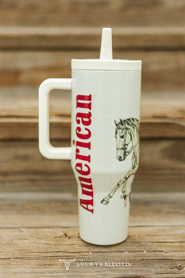 ๐บ๐ธ American Cowgirl Riding Horse 40oz Tumbler (Patriotic Western)
