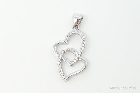 Vintage Open Hearts Cubic Zirconia Accented Sterling Silver Necklace Pendant