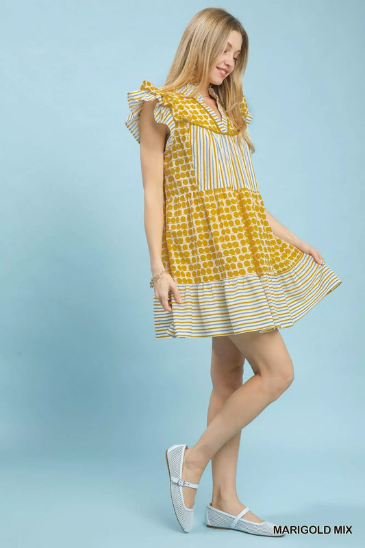 Umgee Mix Patchwork Flutter Sleeve Tiered Dress