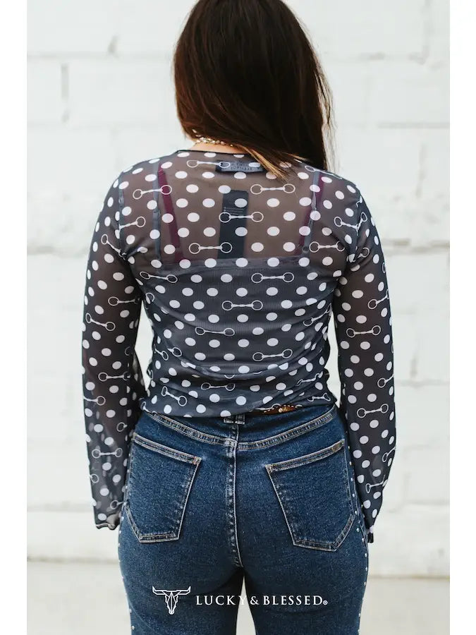 Navy Polka Dot Horse Bit Mesh Top