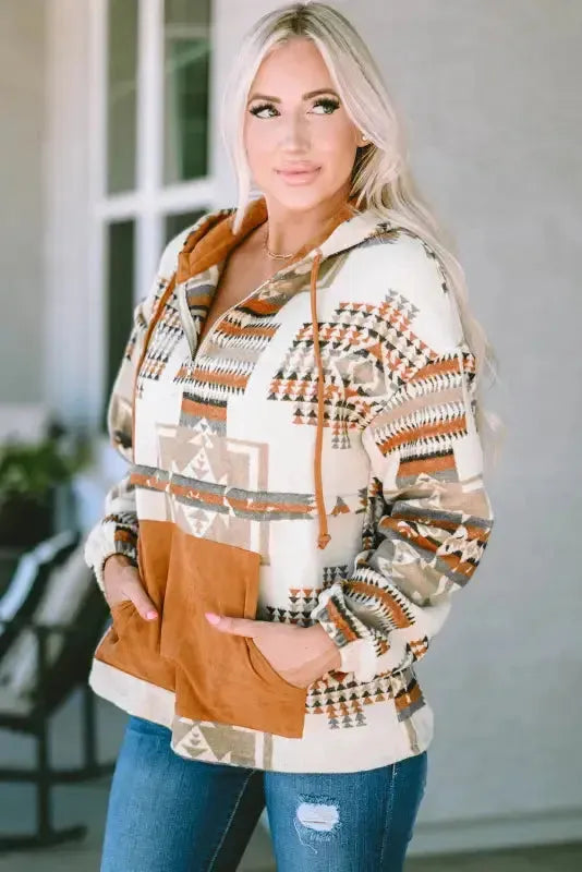 Beige Aztec Half-Zip Hoodie