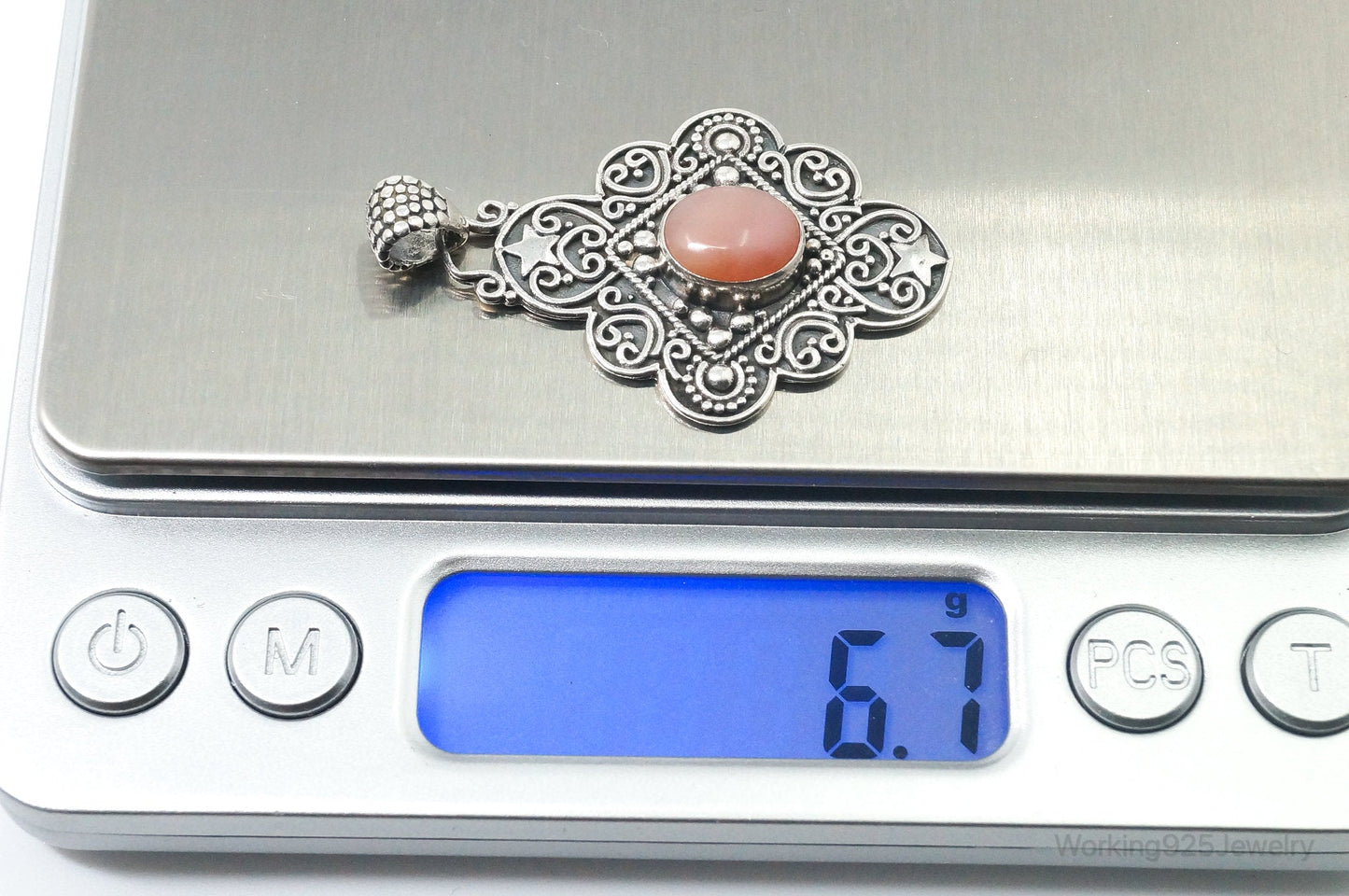 Vintage Pink Gemstone Bali Style Sterling Silver Dangle Pendant