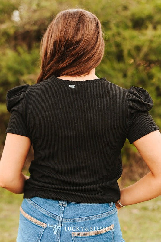 LUCKY & BLESSED "Midnight Western" Ribbed Puff Sleeve Top — Black Buttery-Soft Stretch Cowgirl Staple