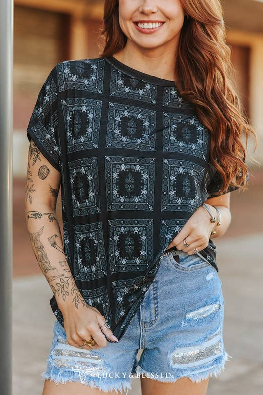 LUCKY & BLESSED Black Western Bandanna Print Rolled Cuff Short Sleeve Top