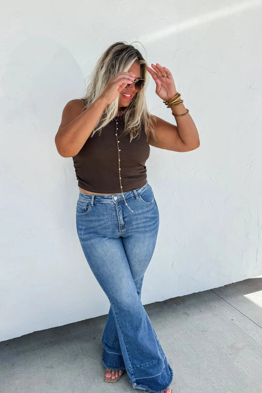 Blakeley "Romi" Medium Wash Tummy Control Panel Western Flare Jeans — Non-Distressed with Raw Shadow Hem (Size 9 and 13 available)