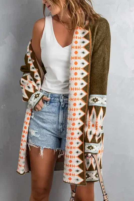 Brown Aztec Print Duster Cardigan