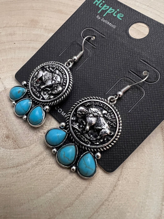 Western Buffalo Coin & Faux Turquoise Earrings — Frontier Statement