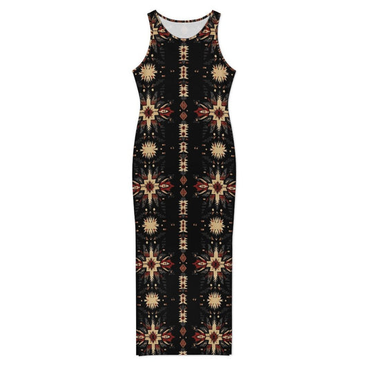 Baha Ranch Black and Tan Aztec Bodycon Side Slit Western Maxi Dress