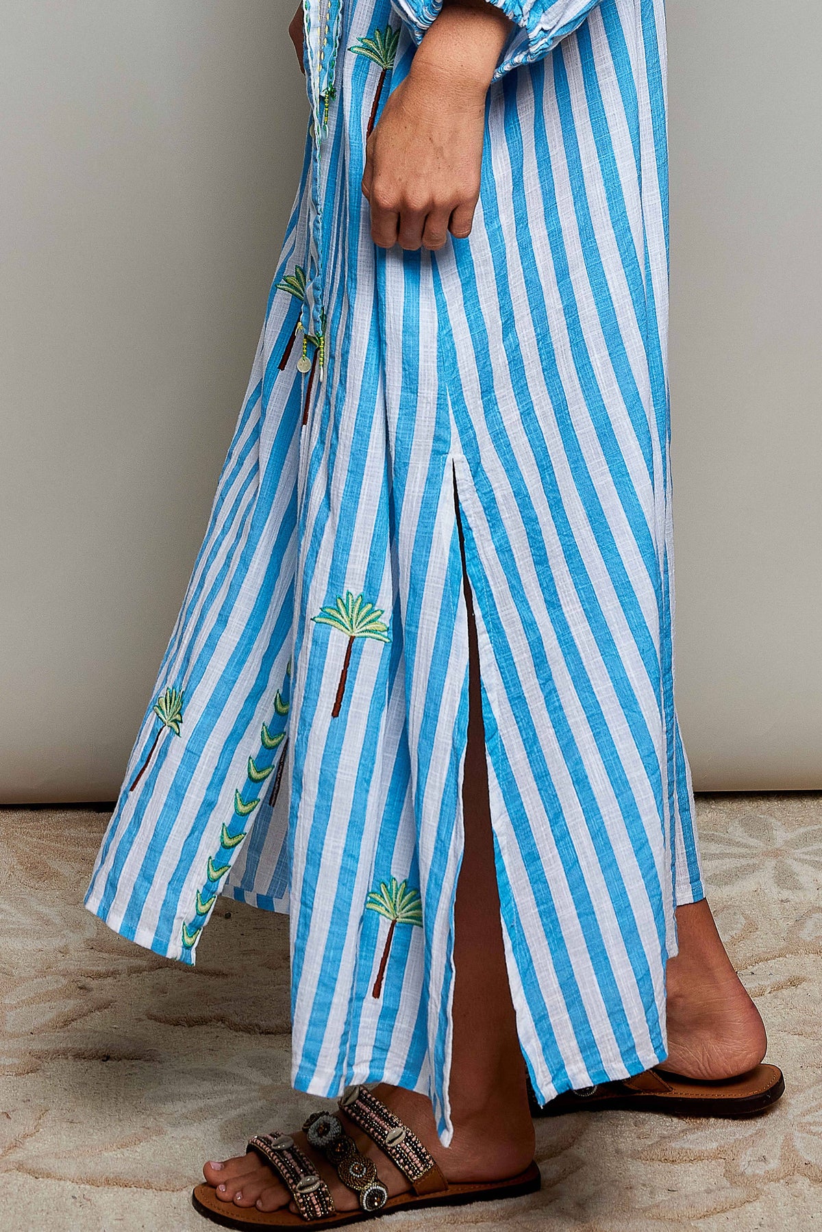 Palm Tree Embroidery Lightweight Striped Maxi Dres