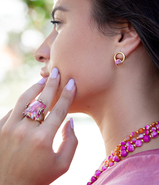 Calgary Pink Spiny Oyster Matrix Post Golden Earrings