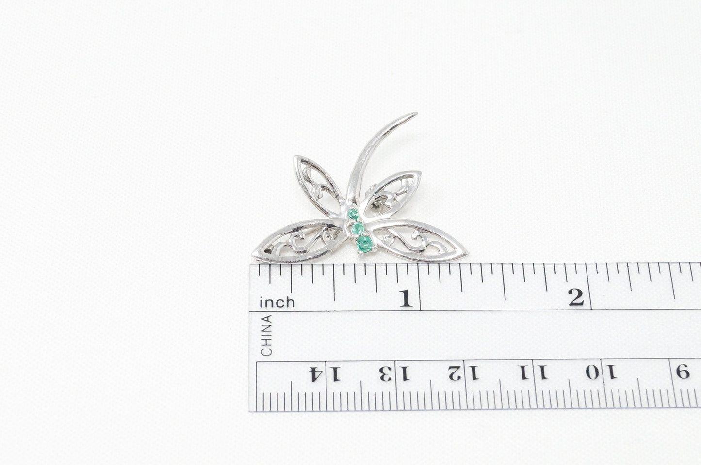 Vintage Emerald Dragonfly Sterling Silver Necklace Pendant