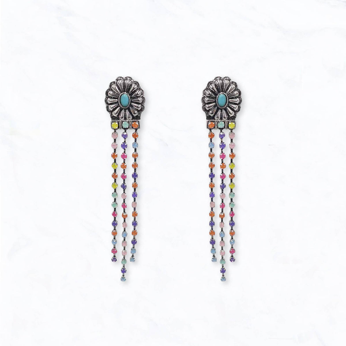 Western Concho Colorful Rhinestone Fringe Earrings