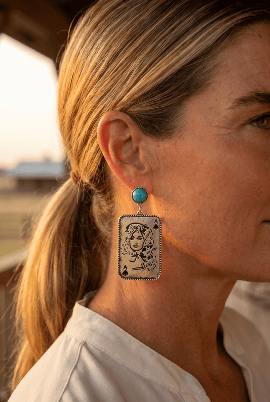 Dolly Card Theme Western Dangle Earrings with Faux Turquoise Stone — 2½" Drop