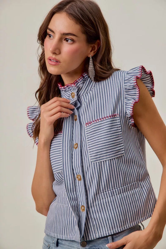 SO ME Stripe Twill Stitch Ruffled Hidden Button Vest Top