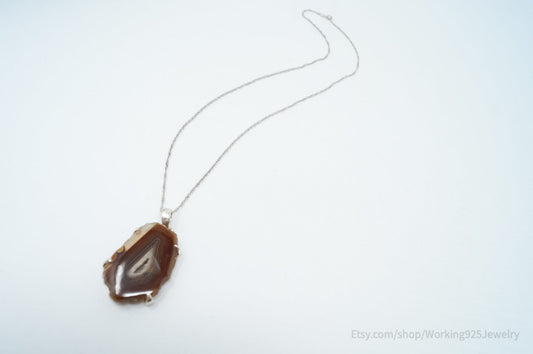 Vintage Large Brown Crazy Lace Agate Sterling Silver Necklace
