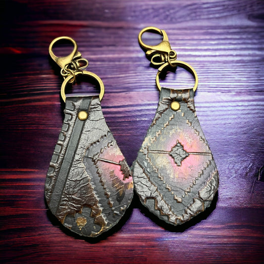 Western Embossed Leather Key Chain — Magenta Navajo Print (Handmade in Texas)