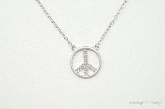Vintage Cubic Zirconia Peace Sign Sterling Silver Necklace