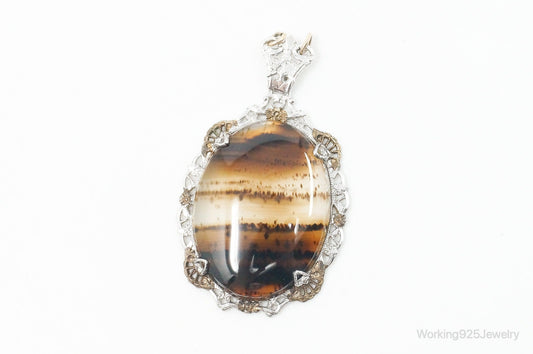 Antique Large Montana Agate Sterling Silver Necklace Pendant