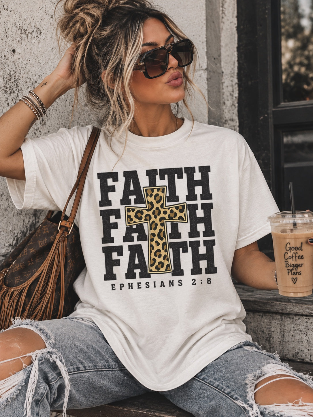 Faith Ephesians 2:8 Leopard Cross Graphic Shirt