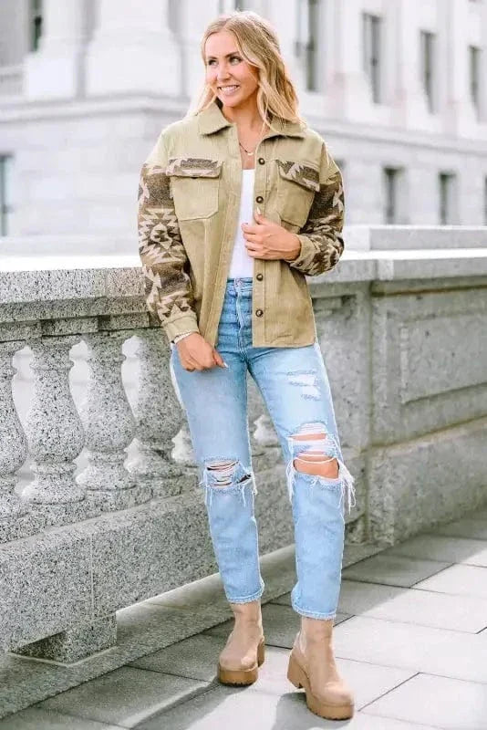 Western Corduroy Jacket - Khaki Aztec Patchwork