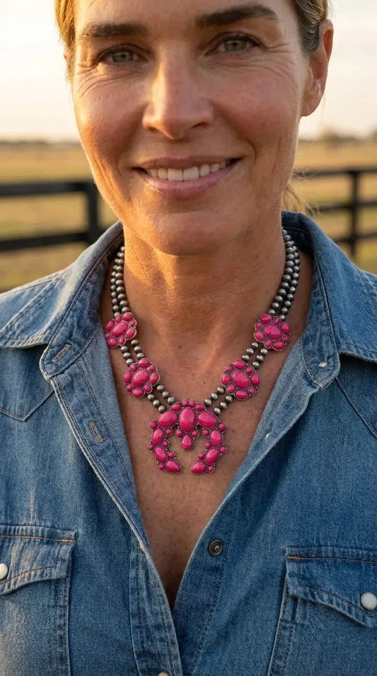 Faux Pink Squash Blossom Necklace on Double Strand Pearls - 18 inch necklace