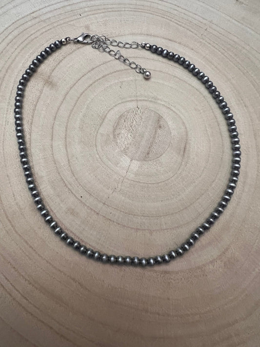 Western Faux Silver Pearl Choker — 4mm Navajo-Style Bead Necklace (12 Inch + Extender)