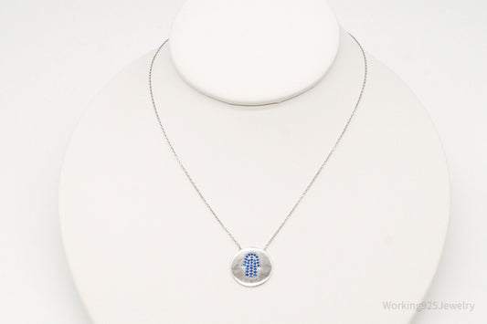 Vintage Blue Cubic Zirconia Hamsa Hand Sterling Silver Necklace