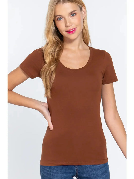 42POPS Fitted Basic Scoop Neck Western Tee — Coconut Cotton Stretch Wardrobe Essential