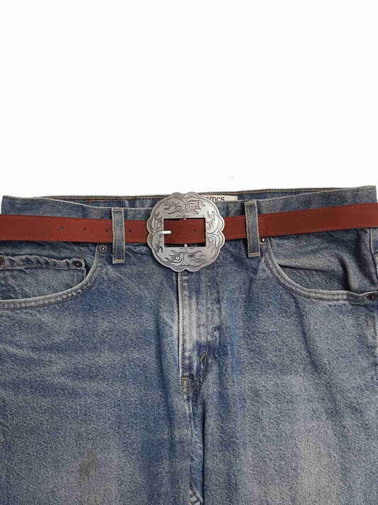 Genuine Suede Leather Western Belt with Floral Buckle — Brown Cowhide Suede
