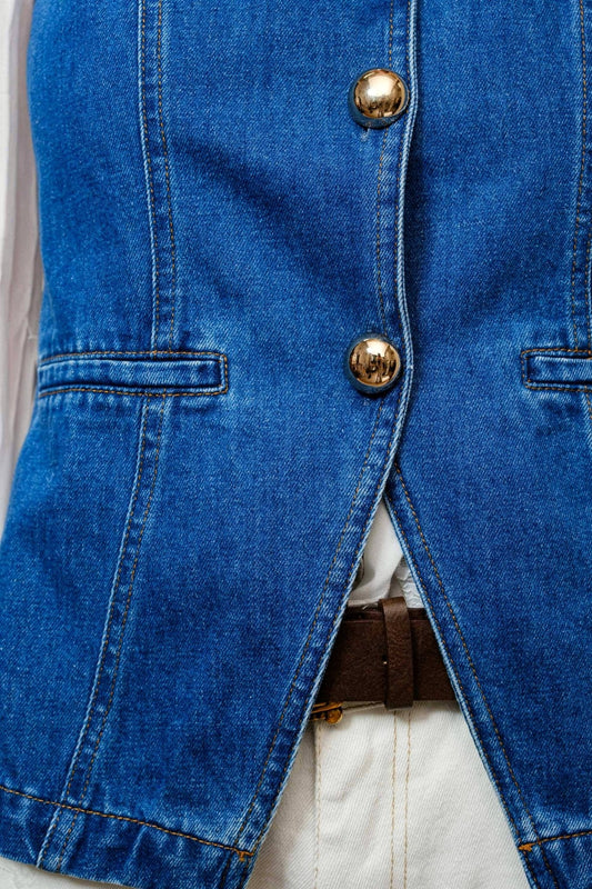 Blue B "Gold Rush" Button Denim Western Vest — Medium-Wash with Gold Shank Buttons & Side Welt Pockets
