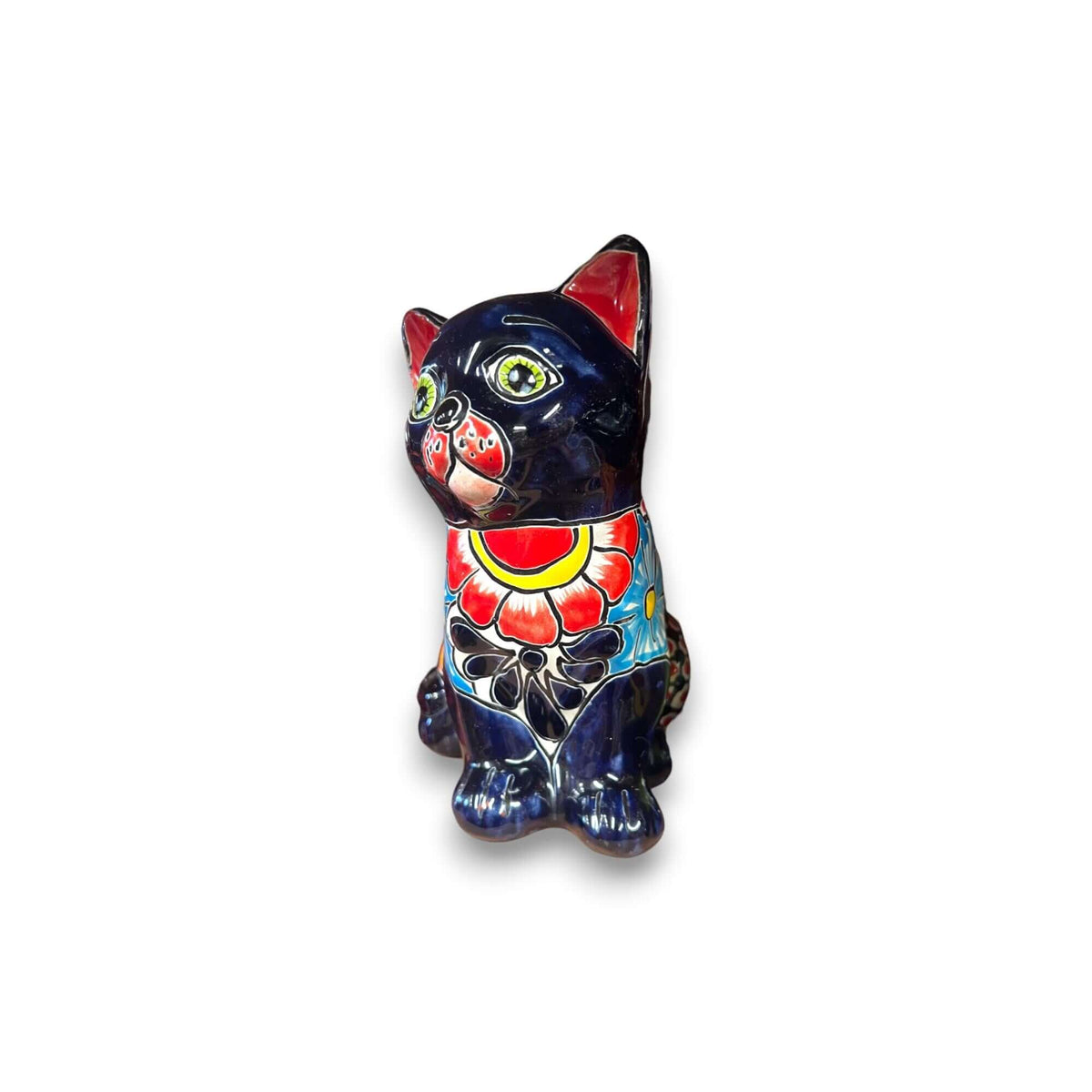 Talavera Cat Figurine | Hand-Painted Mexican Folk Art Home Decor