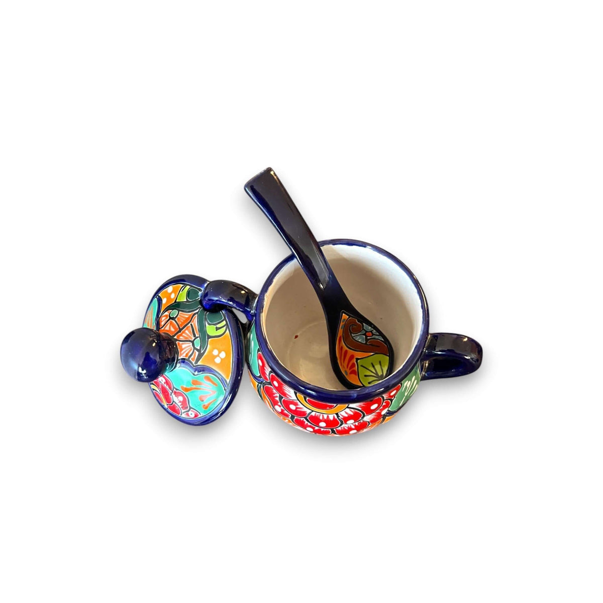 Colorful Talavera Sugar Jar with Spoon | Mexican Pottery Art