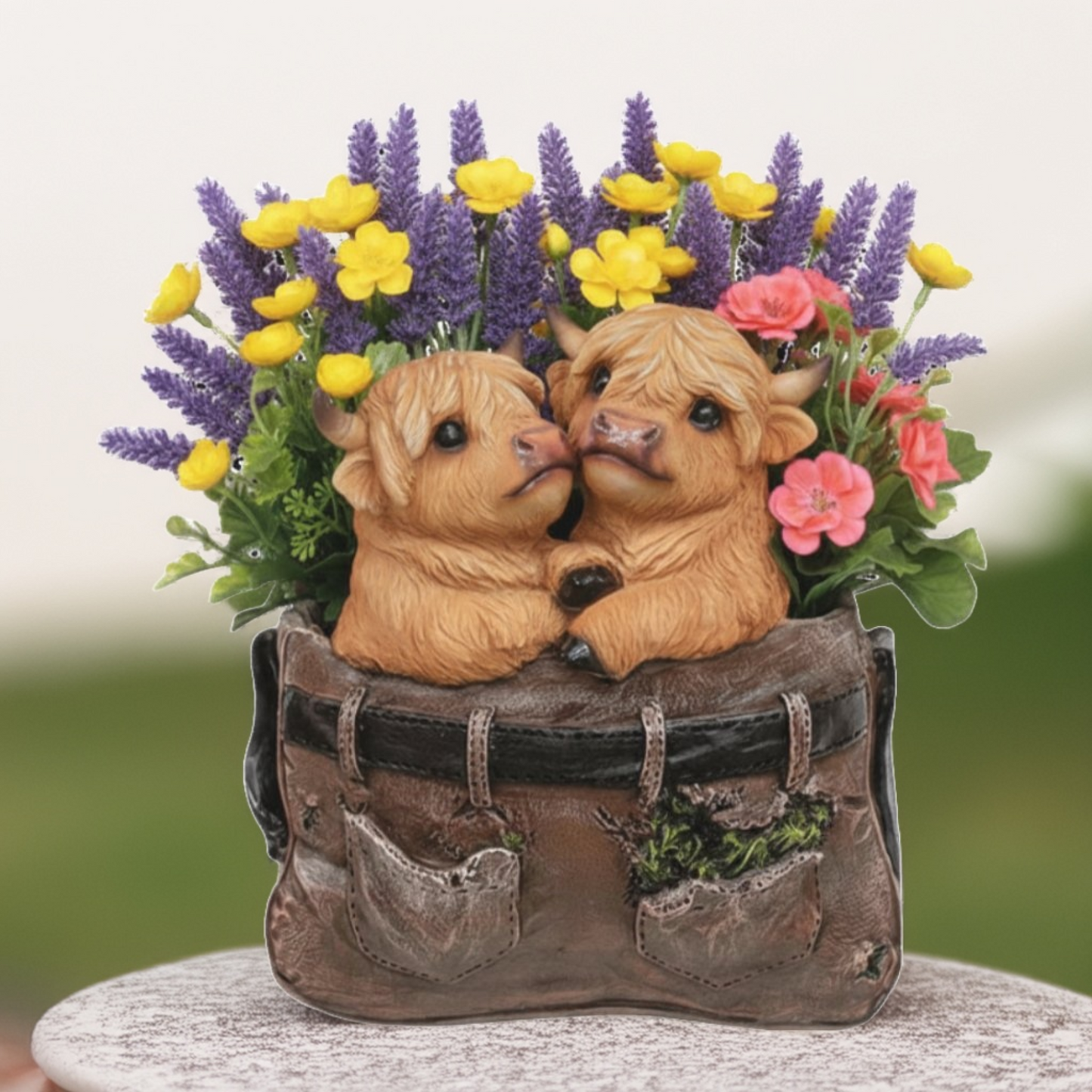 Cute Baby Highland Cow Duo in Overalls Planter