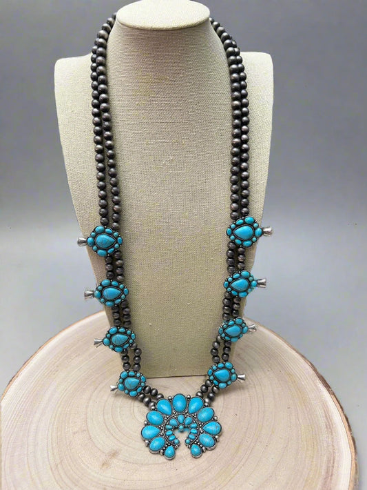 Western Huge Double-Strand Faux Turquoise Squash Blossom Statement Necklace — 32 Inch