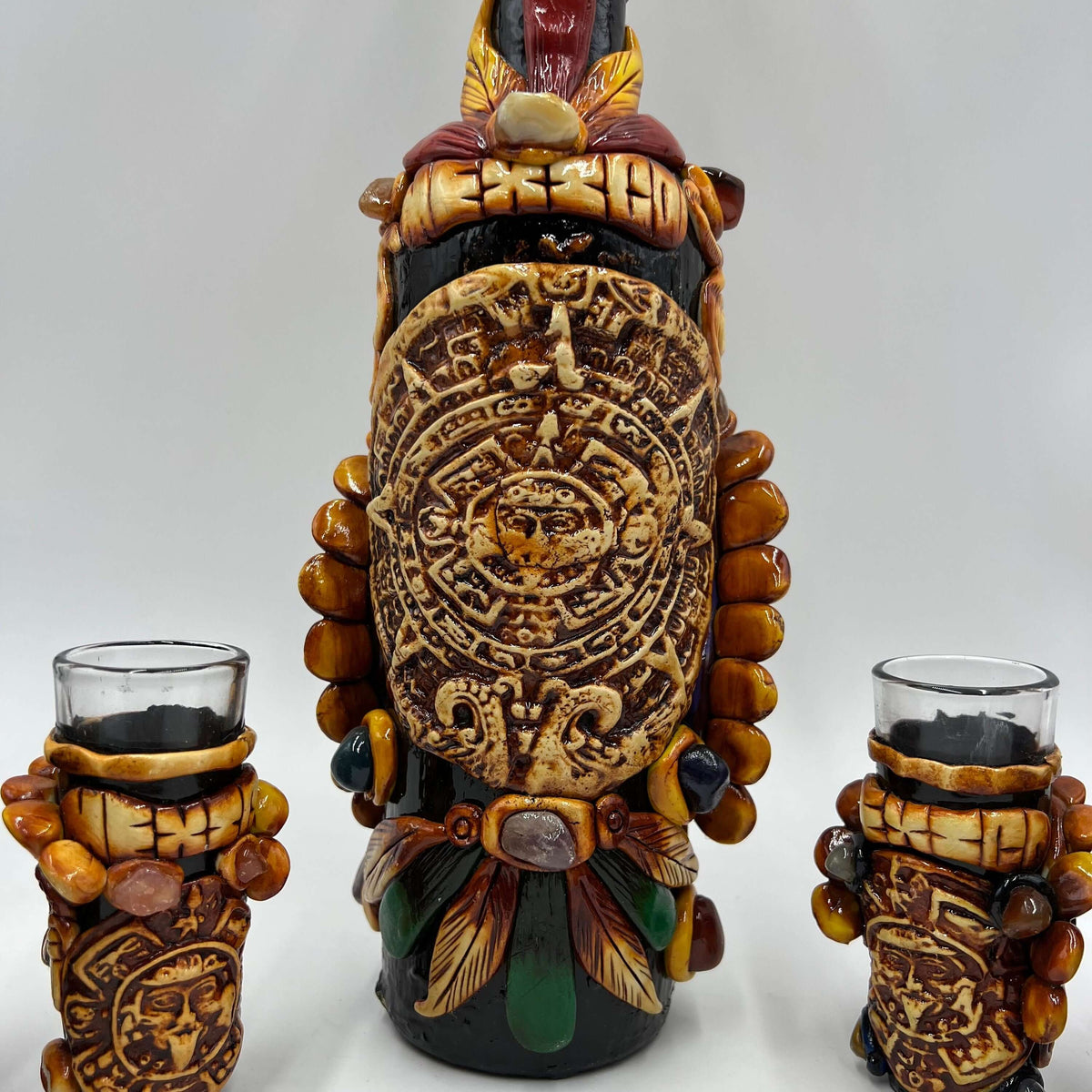 Aztec Warrior Tequila Set | Handmade Mexican Shot Glass & Decanter Set