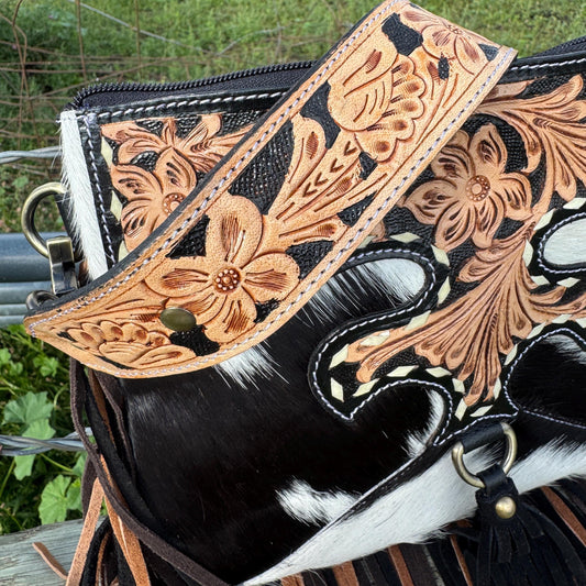Black Genuine Western Cowhide Leather Purse with scalloped tooling brown and black fringe