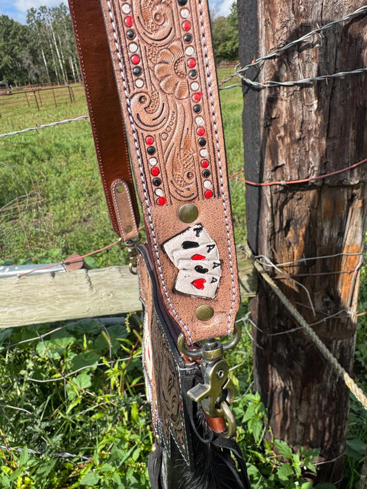 Genuine Western Cowhide Leather Purse with Ace Cards painted details and black fringe.