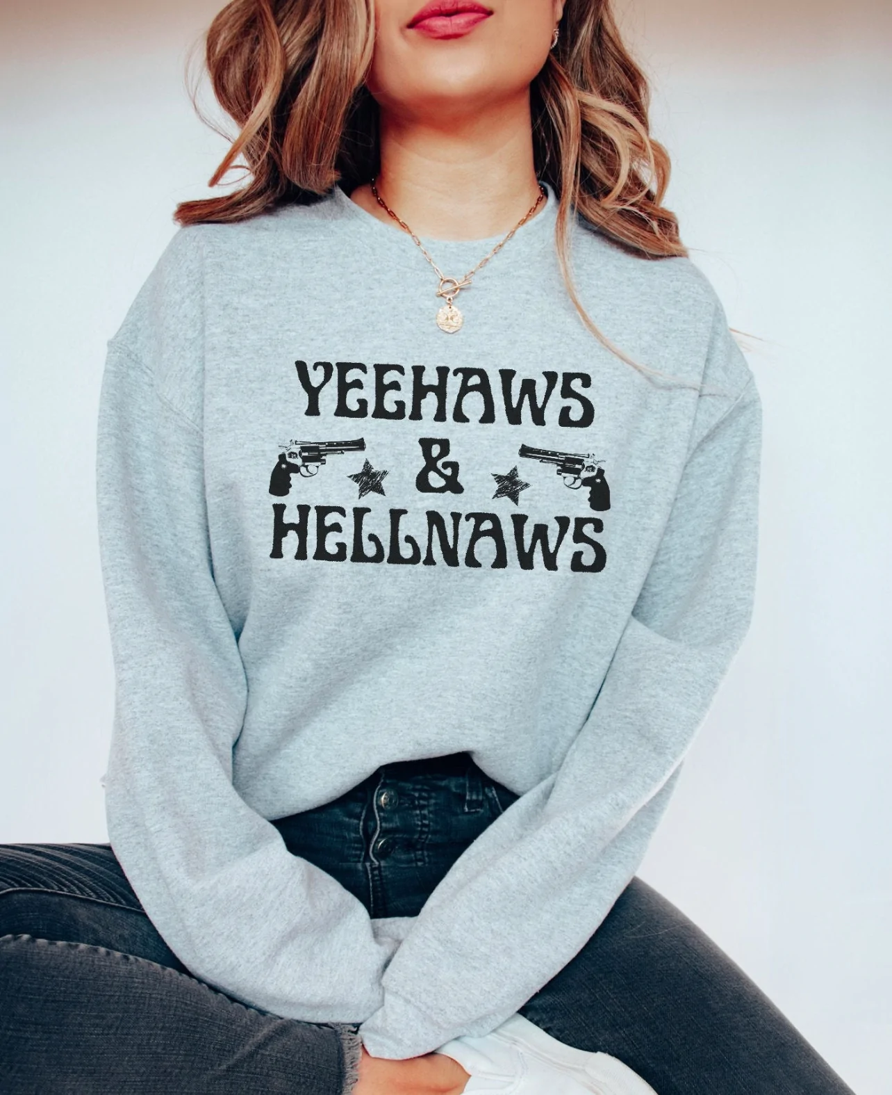 Yeehaws & Hellnaws Western Pistols Graphic on Gildan Softstyle Sport Grey Shirt β Graphic Tee, Long Sleeve & Crewneck.